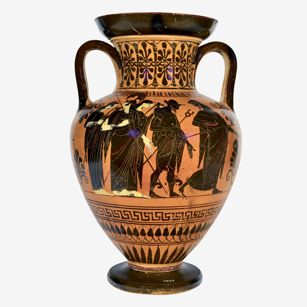 Πήλινος μελανόμορφος αμφορέας με την «Κρίση του Πάριδος», του πιο γνωστού διαγωνισμού ομορφιάς της αρχαιότητας ανάμεσα στην Ήρα, την Αθηνά και την Αφροδίτη.