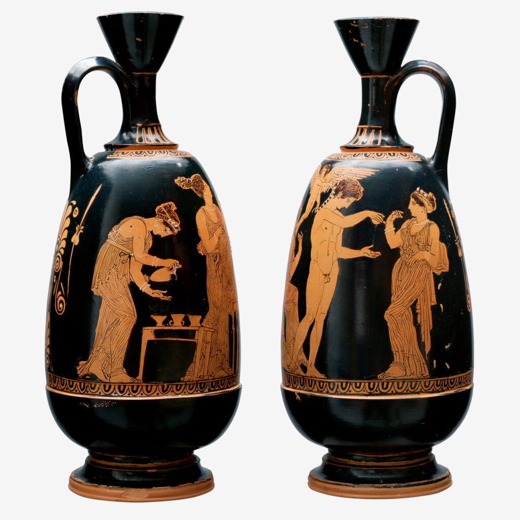 Πήλινη ερυθρόμορφη λήκυθος με σκηνή Αδωνείων, μια γυναικεία, οικιακή γιορτή προς τιμήν του Άδωνι, δημοφιλή στην Αθήνα στα τέλη του 5ου αι. π.Χ.