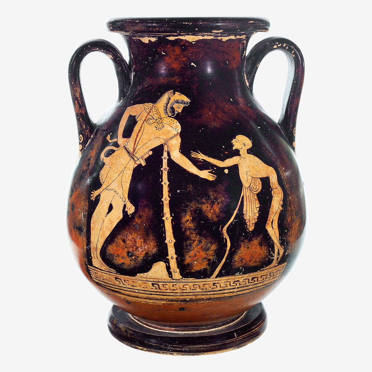 Clay red-figured pelike depicting the encounter between Herakles and Geras (Old Age).